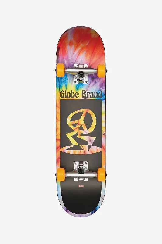 Skateboard with Water-Resistant Bearings-Globe Kids Peace Man Mid 7.6" Complete Skateboard - Spiral Dye/Black